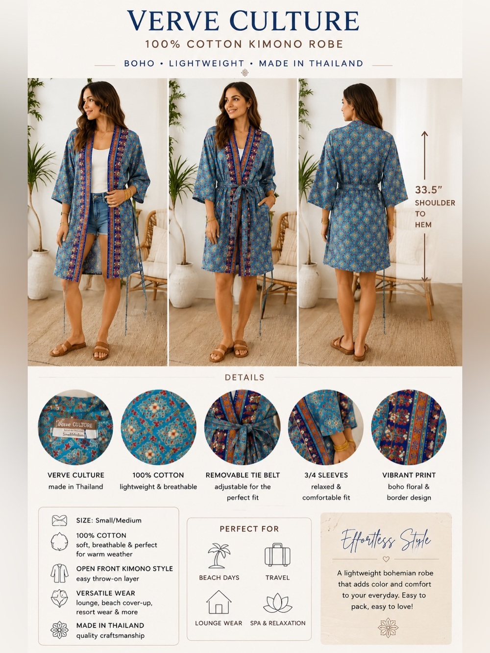 Verve Culture 100% Cotton Boho Kimono Robe Blue Floral Print Belted Thailand S/M